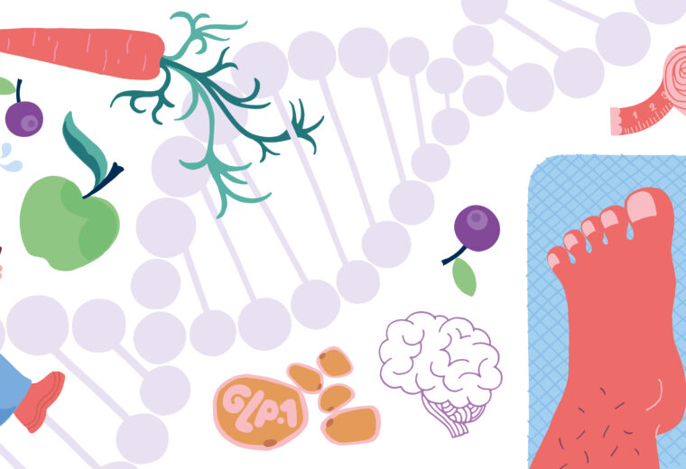 Illustration av kvinna med gåstavar, DNA sekvens och våg.