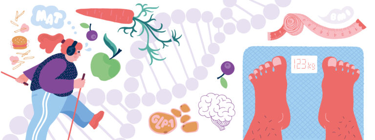 Illustration av kvinna med gåstavar, DNA sekvens och våg.